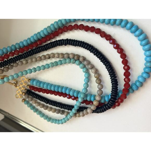 K. Amato Five Strand Beaded Necklace Black & Burgundy Blue Howlite Gold Necklace - Picture 3 of 8